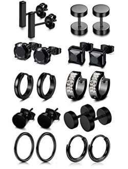 FIBO STEEL 10 Pairs Stainless Steel Black Stud Earrings for Men Women Huggie Earring Ear Piercing Set Hoop