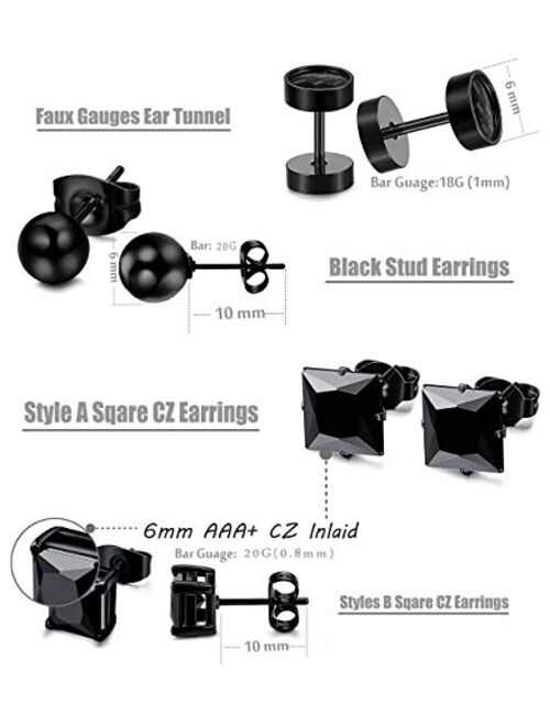 FIBO STEEL 10 Pairs Stainless Steel Black Stud Earrings for Men Women Huggie Earring Ear Piercing Set Hoop