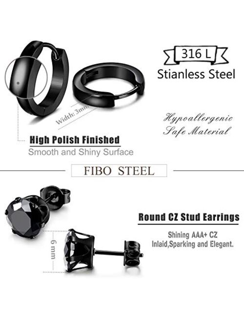 FIBO STEEL 10 Pairs Stainless Steel Black Stud Earrings for Men Women Huggie Earring Ear Piercing Set Hoop