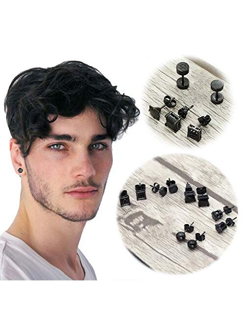 FIBO STEEL 10 Pairs Stainless Steel Black Stud Earrings for Men Women Huggie Earring Ear Piercing Set Hoop