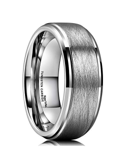 King Will Classic 8mm Tungsten Carbide Ring Black/Silver Brushed Two Grooved Center Hammered Design Mens Wedding Band for Men