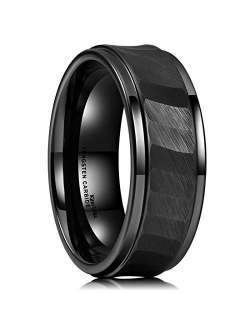 King Will Classic 8mm Tungsten Carbide Ring Black/Silver Brushed Two Grooved Center Hammered Design Mens Wedding Band for Men