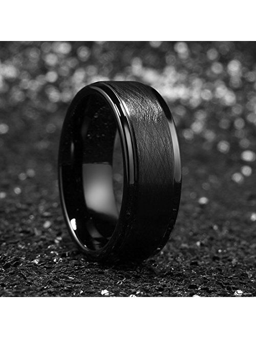 King Will Classic 8mm Tungsten Carbide Ring Black/Silver Brushed Two Grooved Center Hammered Design Mens Wedding Band for Men