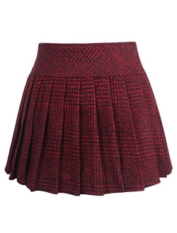 Women's Casual Plaid High Waist A-Line Wool Pleated Short Skirt