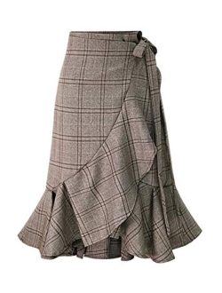 Women's Elegant Work Wear Adjustable Waist Flounce A-Line Plaid Midi Wrap Skirt