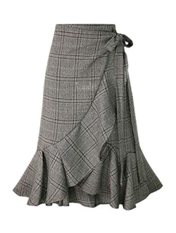 Women's Elegant Work Wear Adjustable Waist Flounce A-Line Plaid Midi Wrap Skirt