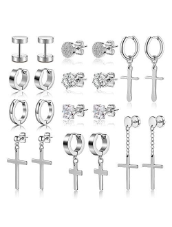 Szory 10 Pairs Stud Hoop Cross Earrings for Men Women Stainless Steel Cubic Zirconia