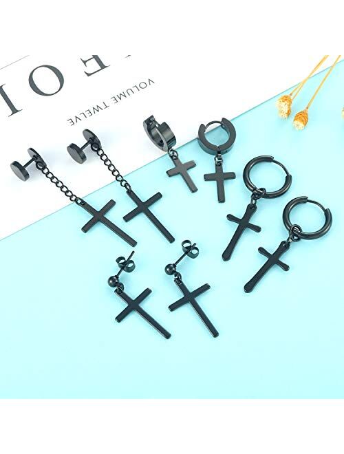 Szory 10 Pairs Stud Hoop Cross Earrings for Men Women Stainless Steel Cubic Zirconia