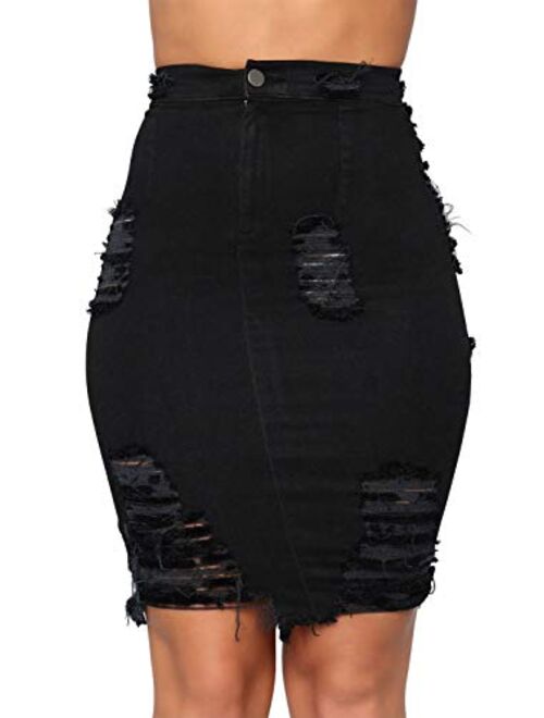 chouyatou Women's Stretchy High Waist Butt-Lifting Bodycon Ripped Denim Pencil Skirt