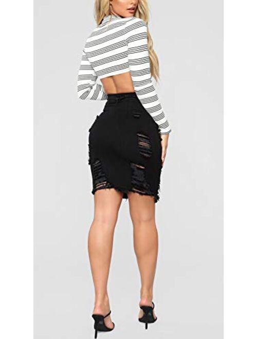 chouyatou Women's Stretchy High Waist Butt-Lifting Bodycon Ripped Denim Pencil Skirt