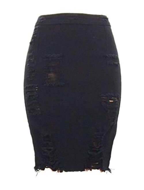 chouyatou Women's Stretchy High Waist Butt-Lifting Bodycon Ripped Denim Pencil Skirt