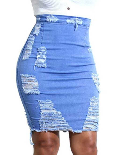 chouyatou Women's Stretchy High Waist Butt-Lifting Bodycon Ripped Denim Pencil Skirt