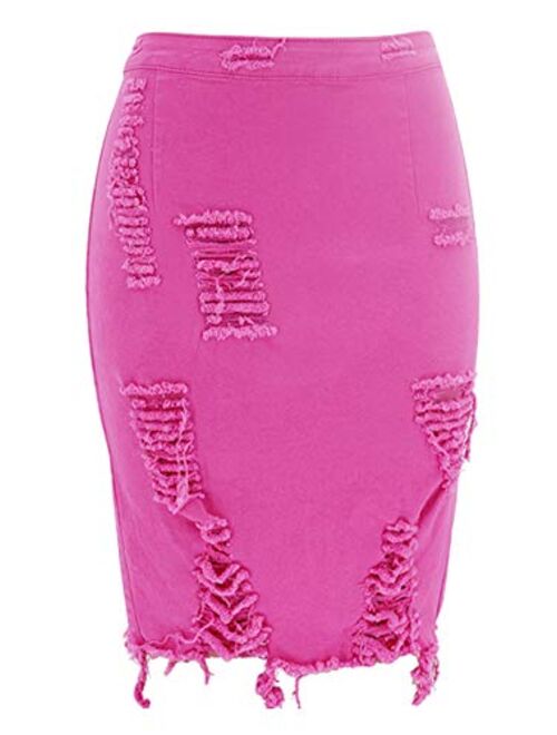 chouyatou Women's Stretchy High Waist Butt-Lifting Bodycon Ripped Denim Pencil Skirt