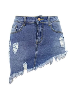 Women's Stretch Fit 5-Pocket Irregular Frayed Hem Mini Denim Jean Skirt