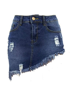 Women's Stretch Fit 5-Pocket Irregular Frayed Hem Mini Denim Jean Skirt