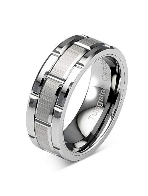 100S JEWELRY Tungsten Rings For Men Wedding Band Silver Brick Pattern Brushed Engagement Promise Size 6-16