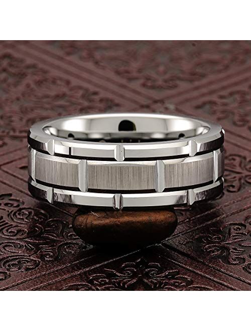 100S JEWELRY Tungsten Rings For Men Wedding Band Silver Brick Pattern Brushed Engagement Promise Size 6-16