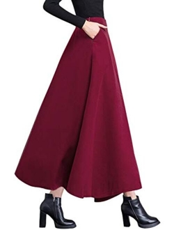 Women's Fall Winter A-Line Swing Pleated Long Maxi Wool Skater Skirt