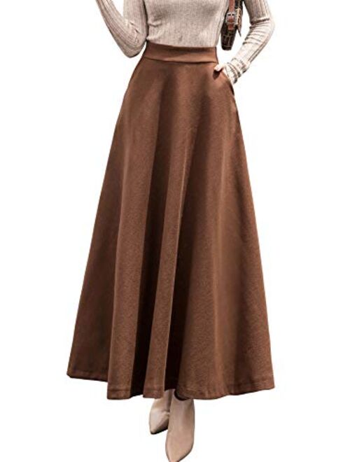 chouyatou Women's Fall Winter A-Line Swing Pleated Long Maxi Wool Skater Skirt