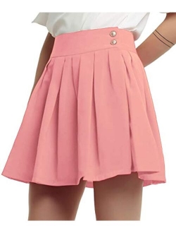 Women's Double Waist Side Buttons Pleated Skirt