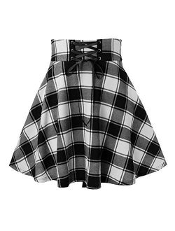 Women's Versatile Lace Up High Waist A-Line Plaid Mini Skater Skirt