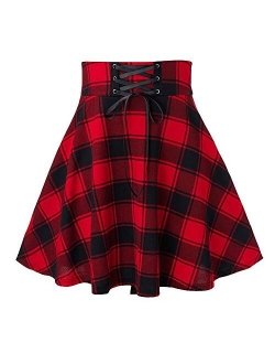 Women's Versatile Lace Up High Waist A-Line Plaid Mini Skater Skirt