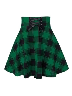 Women's Versatile Lace Up High Waist A-Line Plaid Mini Skater Skirt