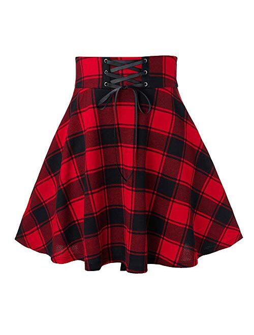 chouyatou Women's Versatile Lace Up High Waist A-Line Plaid Mini Skater Skirt