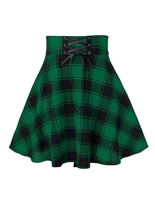 chouyatou Women's Versatile Lace Up High Waist A-Line Plaid Mini Skater Skirt