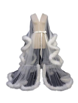 I Dui Bridal Old Hollywood Feather Robe Sexy Boudoir Robe Feather Bridal Robe Tulle Illusion Long Wedding Scarf New Custom Made