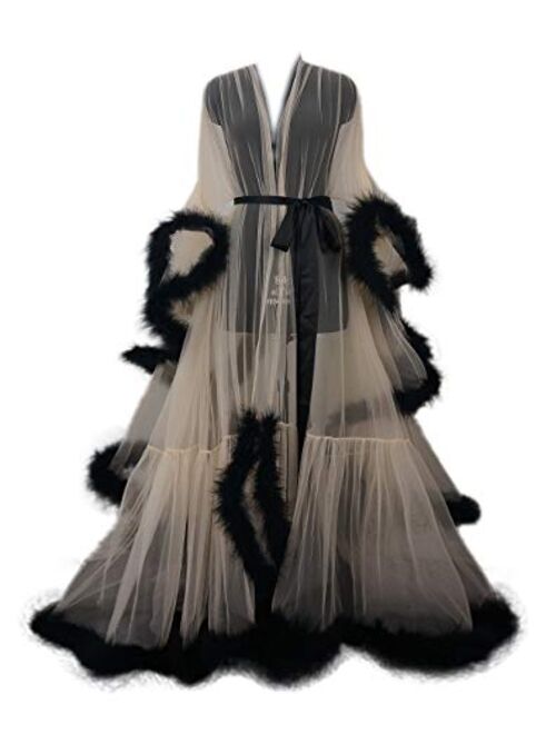 I Dui Bridal Old Hollywood Feather Robe Sexy Boudoir Robe Feather Bridal Robe Tulle Illusion Long Wedding Scarf New Custom Made