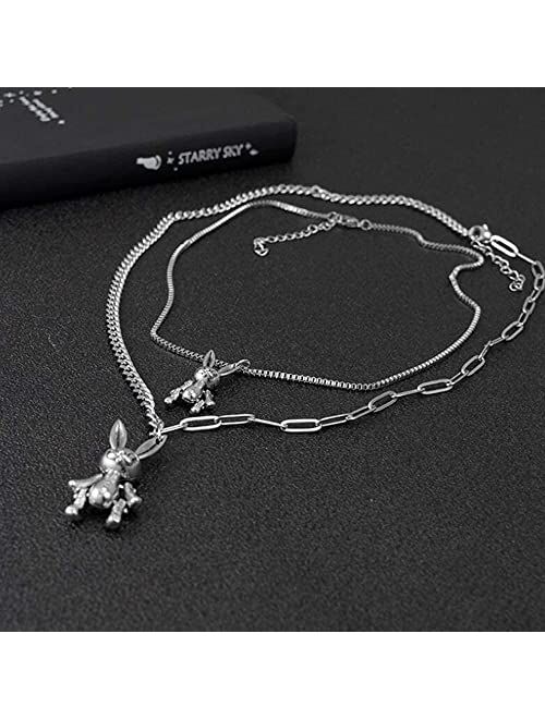 YERTTER Heavy Gothic Grunge Rabbit Pendant Easter Bunny Choker Necklace Statement Long Chain Punk Multilayer Steel Material Choker Necklace for Women and Men