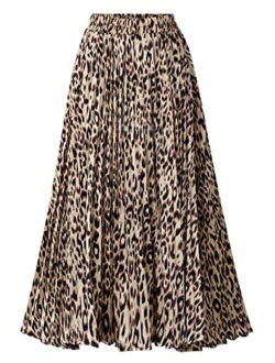 Women's Elastic Waist Leopard Print A-Line Plisse Pleated Swing Midi Length Full Skirt