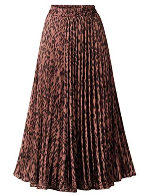 chouyatou Women's Elastic Waist Leopard Print A-Line Plisse Pleated Swing Midi Length Full Skirt