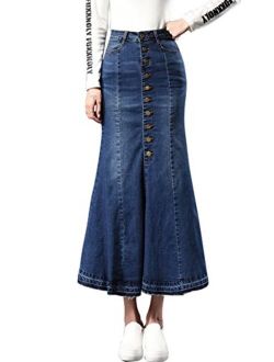 Women's Casual Stretch High Waisted Front Button Long Denim Mermaid Skirt