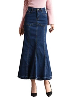 Women's Casual Stretch High Waisted Front Button Long Denim Mermaid Skirt