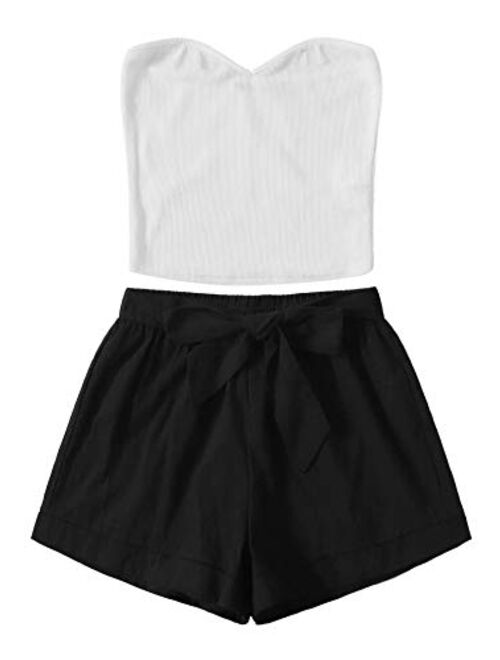 Floerns Women's 2 Piece Outfit Summer Plain Tube Crop Top with Shorts