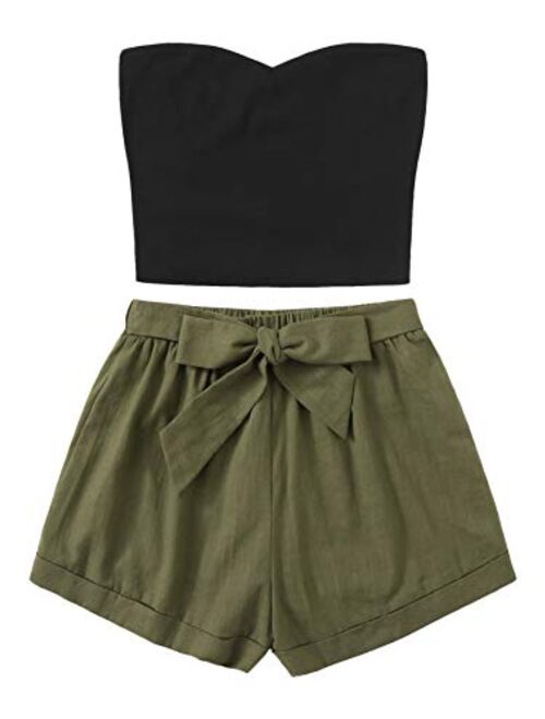 Floerns Women's 2 Piece Outfit Summer Plain Tube Crop Top with Shorts