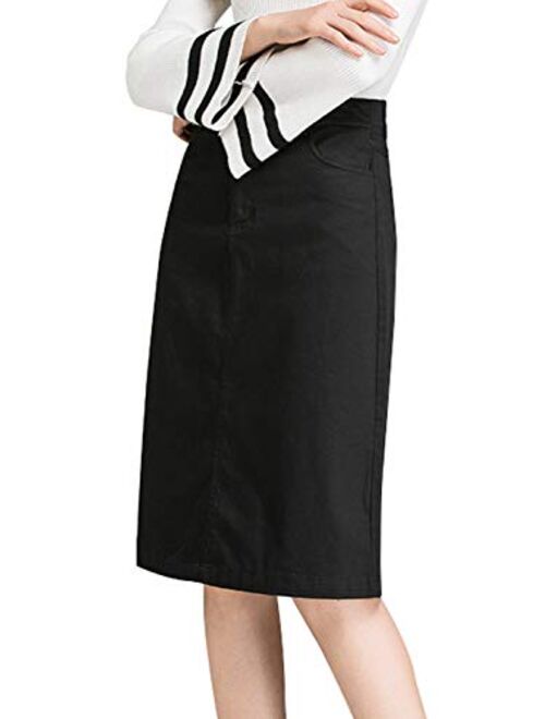 chouyatou Women's Elegant A-Line Back Split Knee Length Office Work Wear Midi Skirt