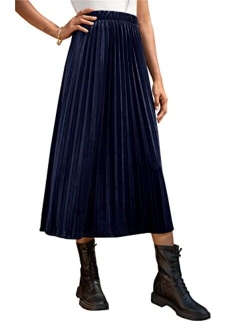 Women's Elegant High Rise Elastic Waist A-Line Pleated Swing Midi Long Velvet Skirt