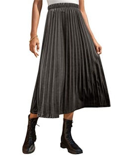 Women's Elegant High Rise Elastic Waist A-Line Pleated Swing Midi Long Velvet Skirt