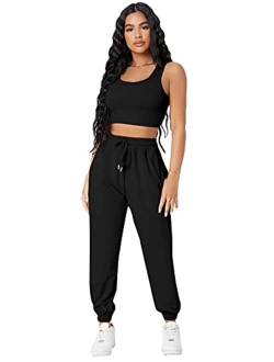 Women's Solid Drawstring Waist Jogger Set Crop Tank Top Two Piece Outfit