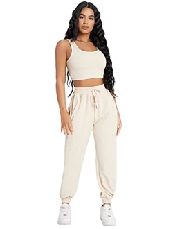 Women's Solid Drawstring Waist Jogger Set Crop Tank Top Two Piece Outfit