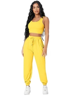 Women's Solid Drawstring Waist Jogger Set Crop Tank Top Two Piece Outfit