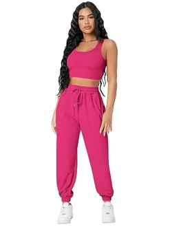 Women's Solid Drawstring Waist Jogger Set Crop Tank Top Two Piece Outfit