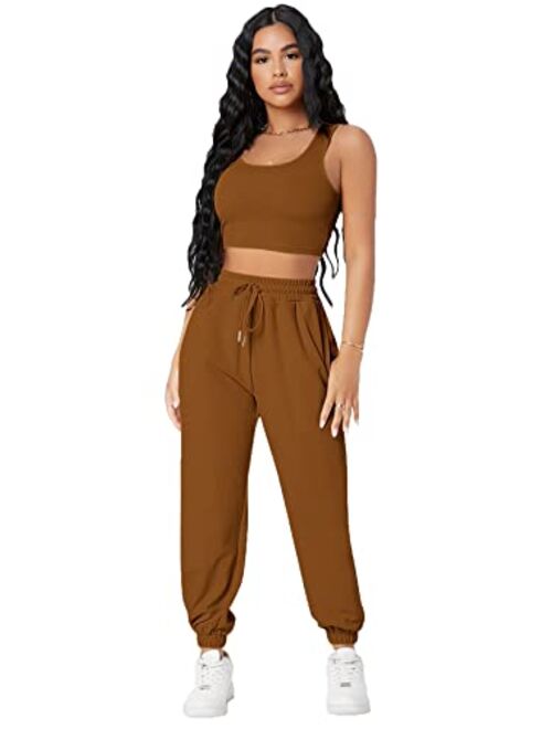 Floerns Women's Solid Drawstring Waist Jogger Set Crop Tank Top Two Piece Outfit