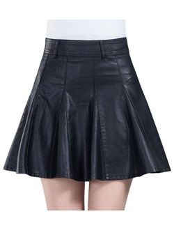 Women's Casual Side Zipper Flare Pleated Faux Leather Skater Skirts