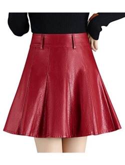 Women's Casual Side Zipper Flare Pleated Faux Leather Skater Skirts