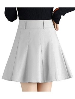 Women's Casual Side Zipper Flare Pleated Faux Leather Skater Skirts