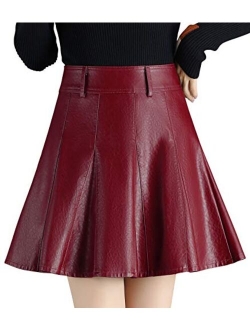 Women's Casual Side Zipper Flare Pleated Faux Leather Skater Skirts